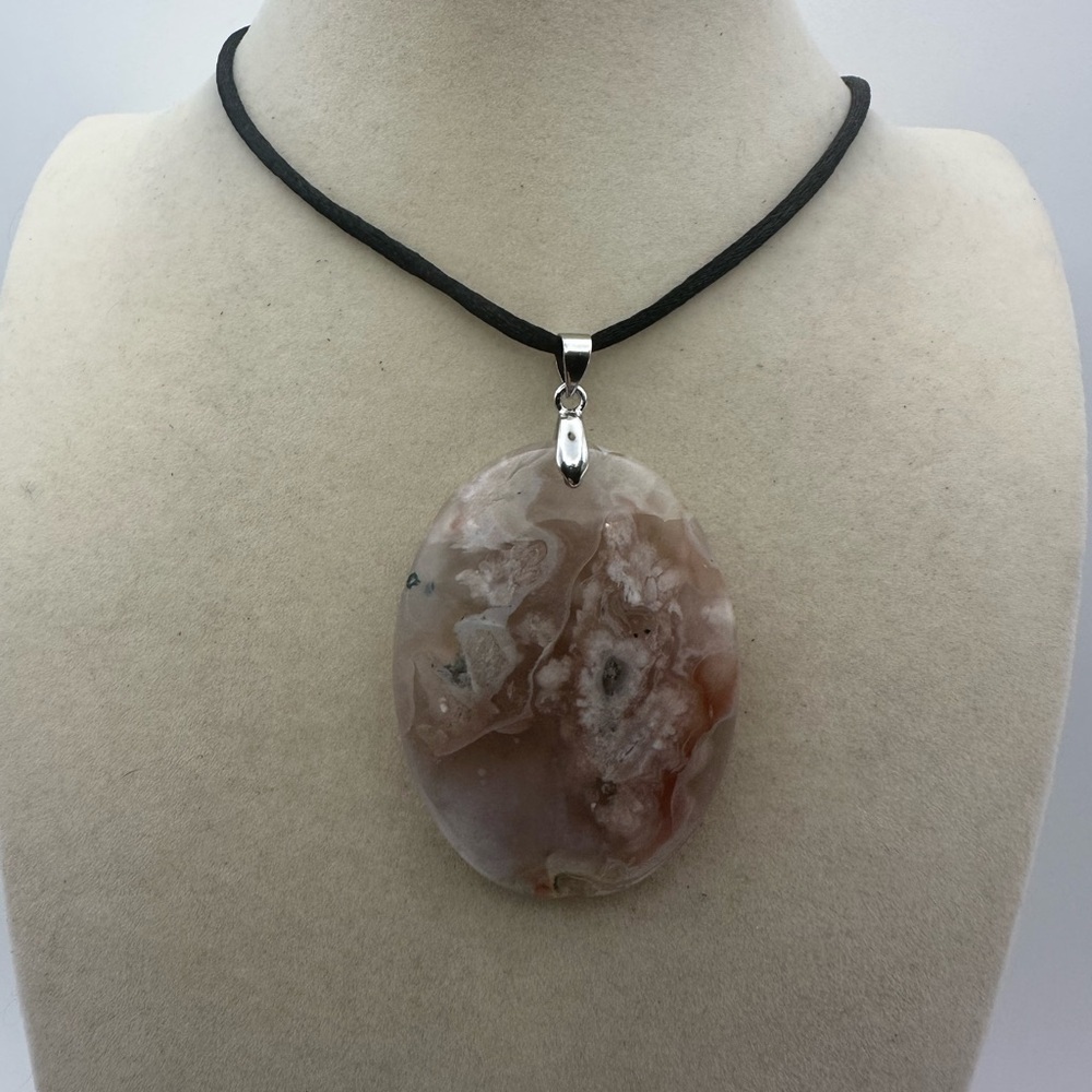 Oval Flower Agate Pendant on Satin Rope - Picture 6 of 11